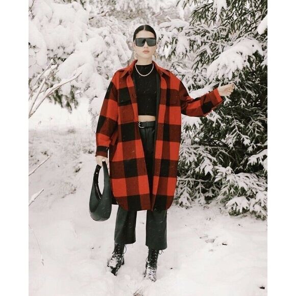 Plaid Shacket Shirt Jacket H&M Bloggers Red Black - Picture 1 of 7